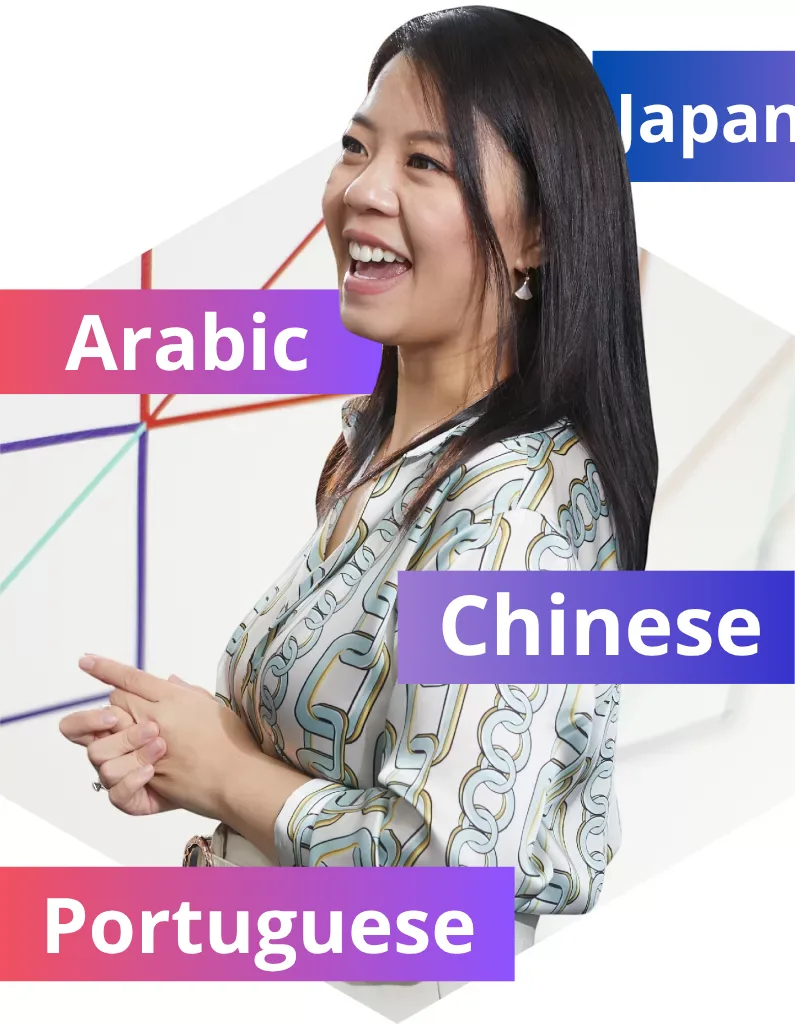 Friendly translation service provider team member surrounded by international languages, highlighting Japanese, Arabic, Chinese and Portuguese